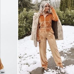 Velour zip up wide leg jumpsuit